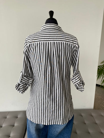 Stripe Button Up Top-White/Charcoal