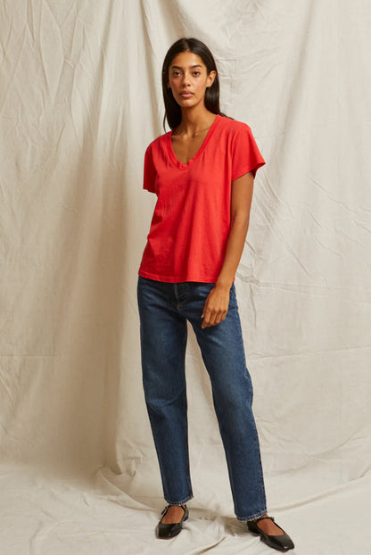 Hendrix Boxy V Neck Tee-Poppy Red