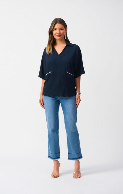 Seersucker Boxy Top-Midnight Blue