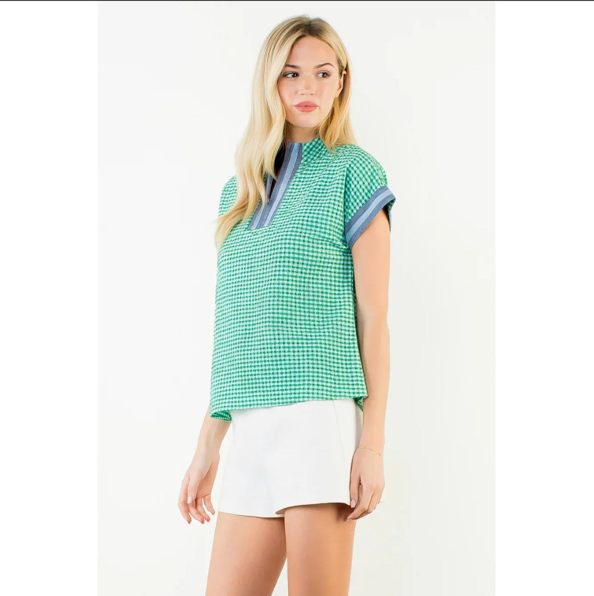 Short Sleeve Gingham Top - Green