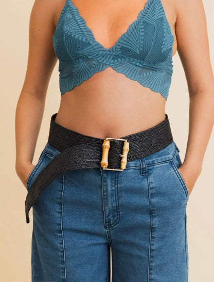 Eco Friendly Raffia Elastic Bamboo Style Buckle Waist Belt