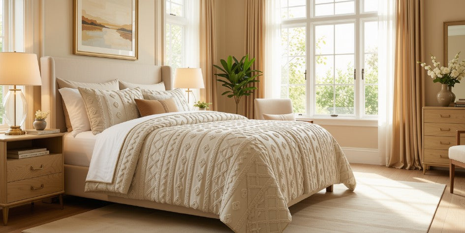 7-Piece Tufted Comforter Set in Beige – Soft, Elegant Boho Farmhouse Bedding Upgrade