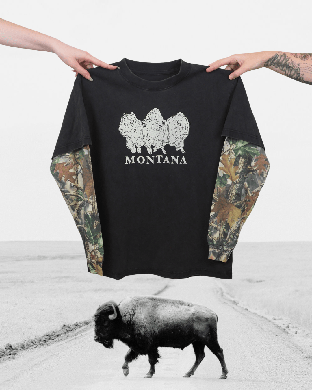 "Bison Power" 90's Long Sleeve Vintage Wood Camo