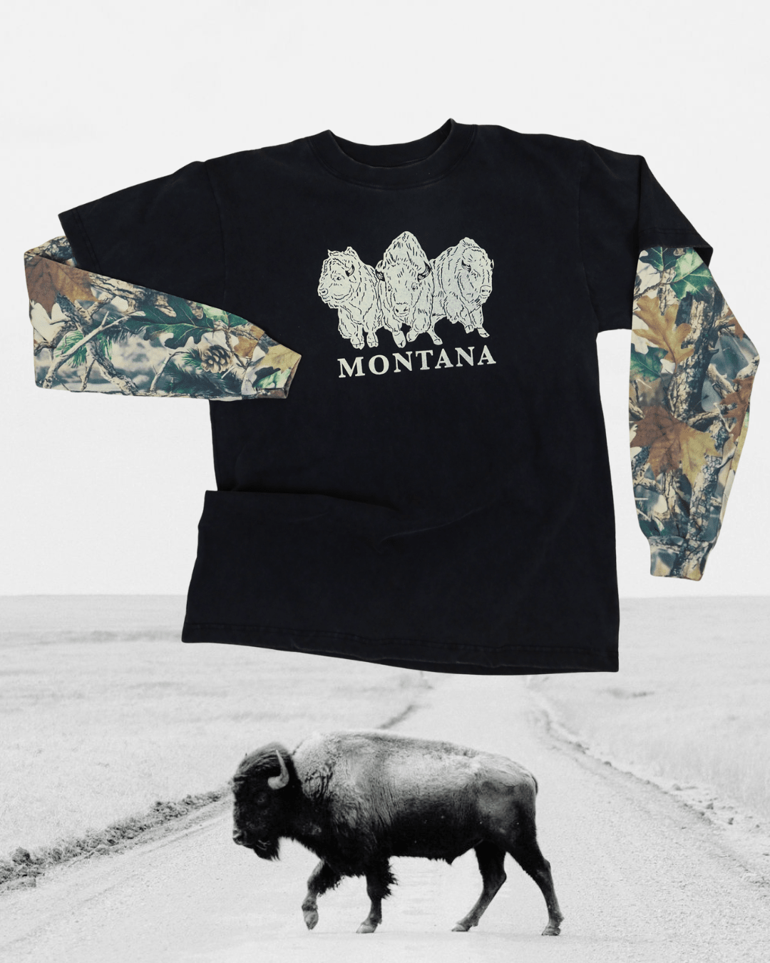 "Bison Power" 90's Long Sleeve Vintage Wood Camo