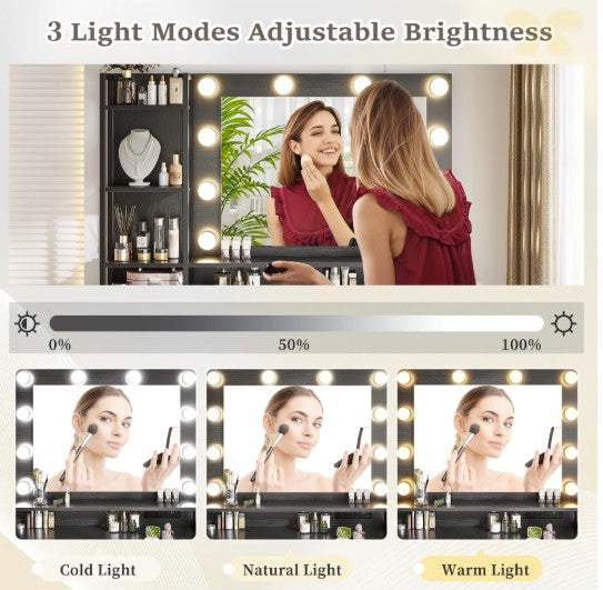 Black LED Vanity with 3-Color Lighting, 2 USB Ports, 5 Drawers & Hair Dryer Rack