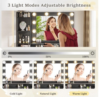 Black LED Vanity with 3-Color Lighting, 2 USB Ports, 5 Drawers & Hair Dryer Rack