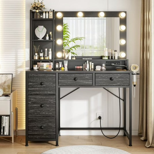 Black LED Vanity with 3-Color Lighting, 2 USB Ports, 5 Drawers & Hair Dryer Rack