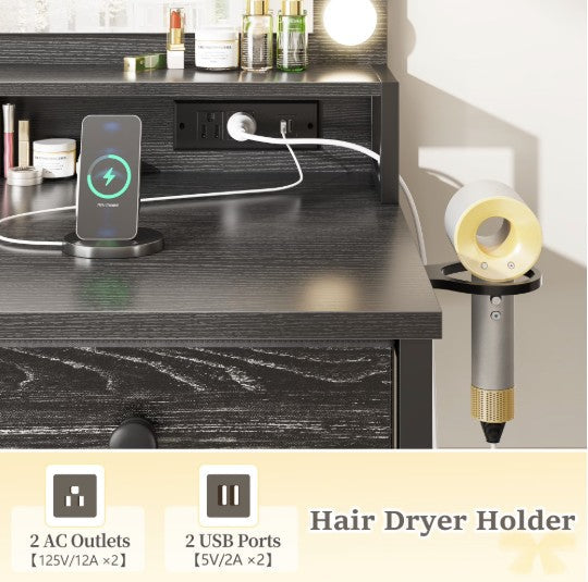 Black LED Vanity with 3-Color Lighting, 2 USB Ports, 5 Drawers & Hair Dryer Rack