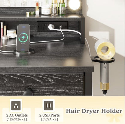 Black LED Vanity with 3-Color Lighting, 2 USB Ports, 5 Drawers & Hair Dryer Rack