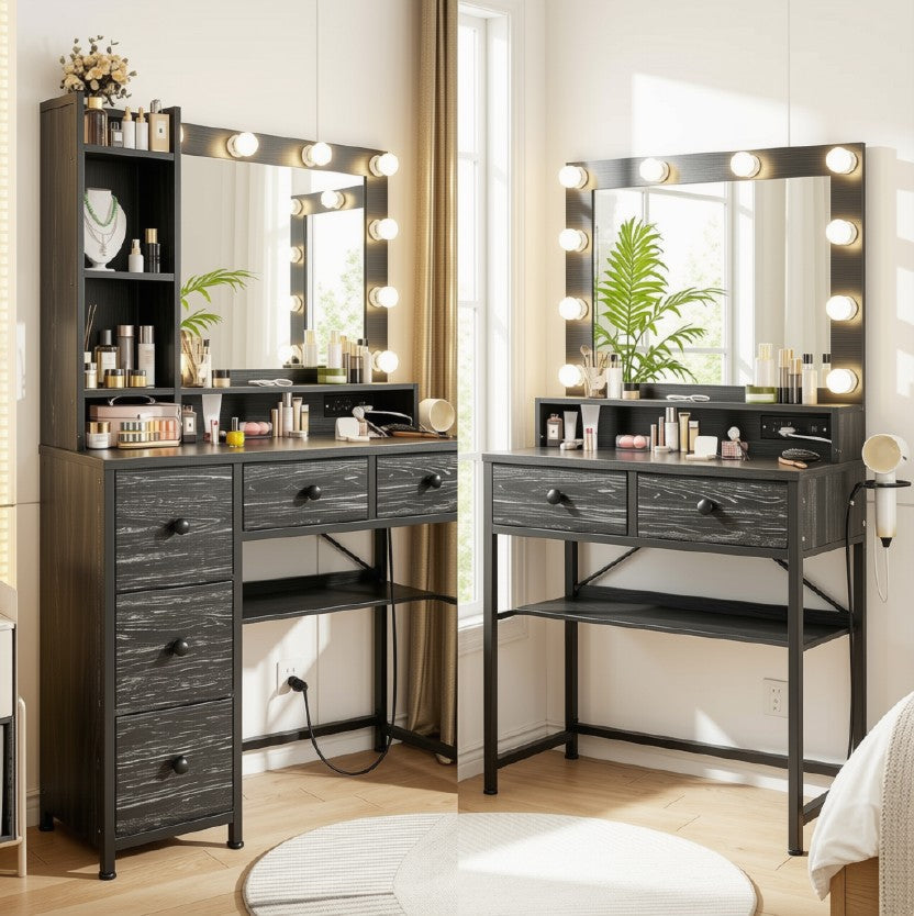 Black LED Vanity with 3-Color Lighting, 2 USB Ports, 5 Drawers & Hair Dryer Rack
