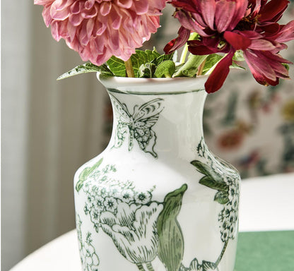 PRIMROSE AND LOTUS HAND-PAINTED GREEN AND WHITE CHINOISERIE VASES-Set of three