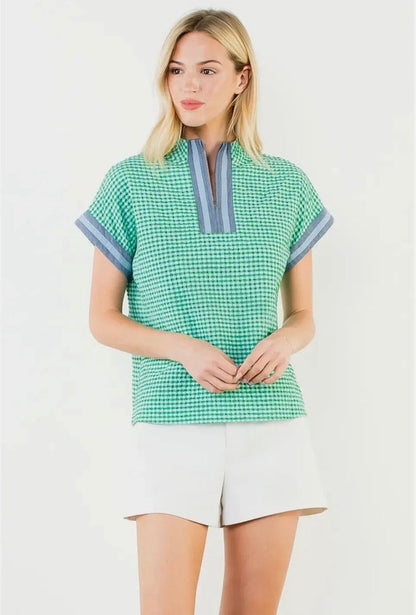 Short Sleeve Gingham Top - Green