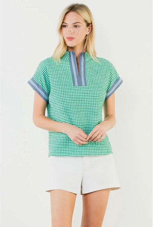 Short Sleeve Gingham Top - Green