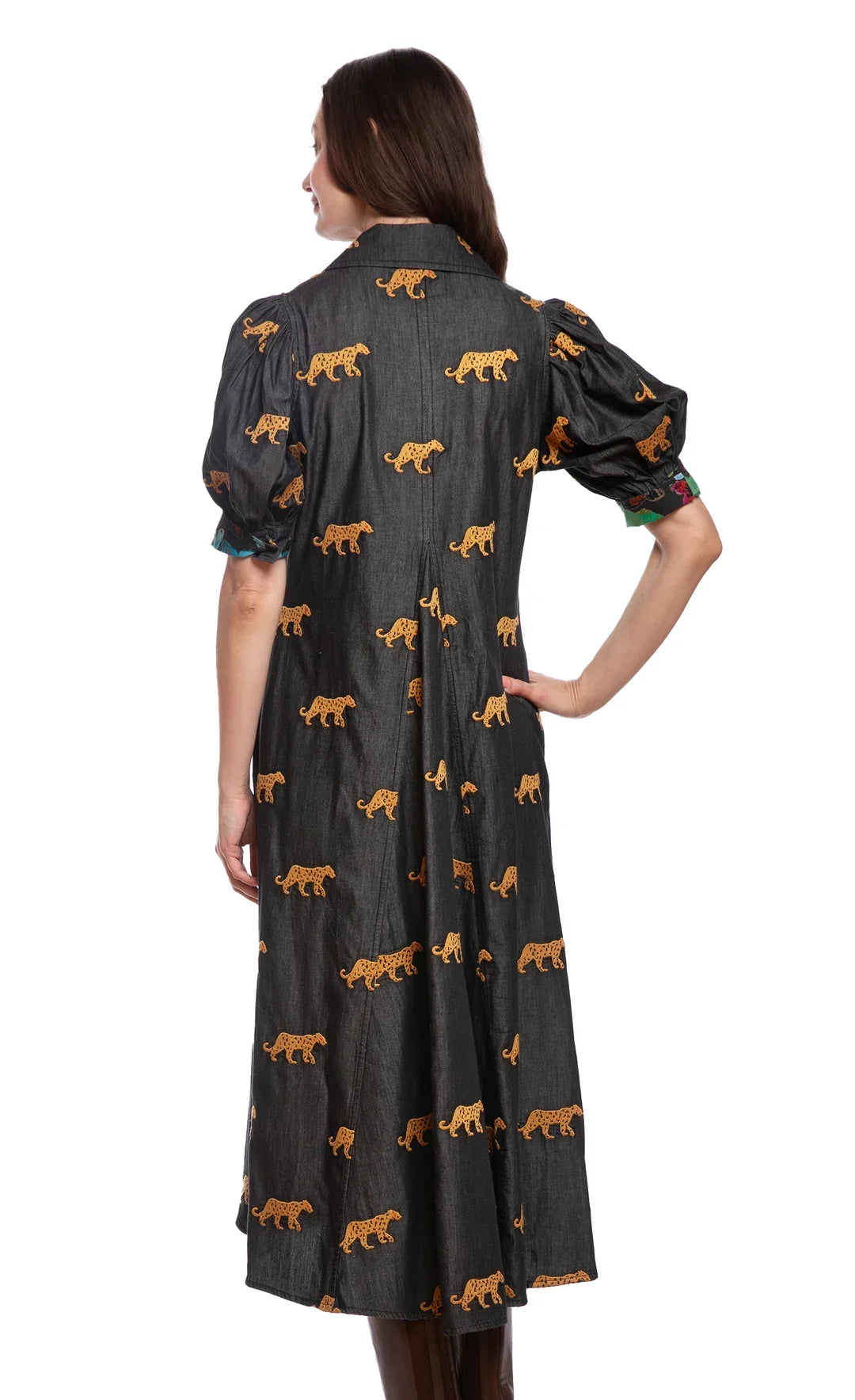 Montauk Dress - Black with embroidered Cheetahs