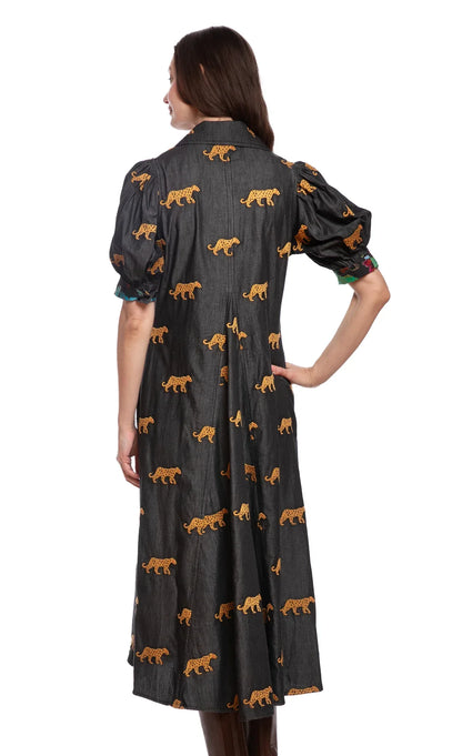 Montauk Dress - Black with embroidered Cheetahs