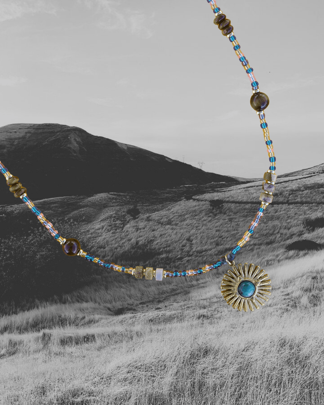 Golden Sun Charm Stone Beaded Necklace