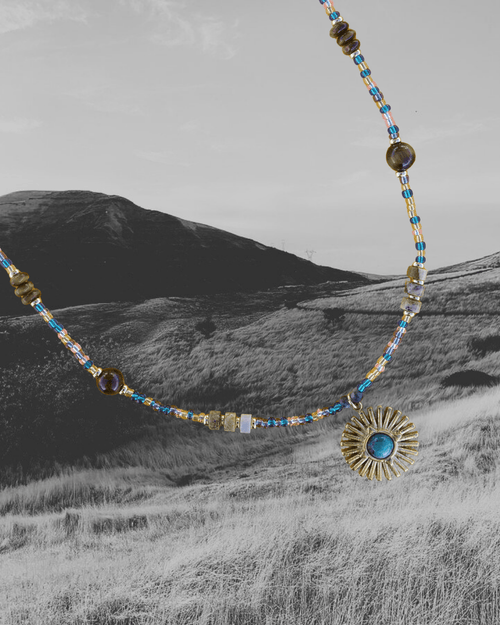 Golden Sun Charm Stone Beaded Necklace