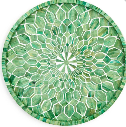 Emerald Cut Hand Inlaid Decorative Round Serving Tray - MDF/Bone/Resin