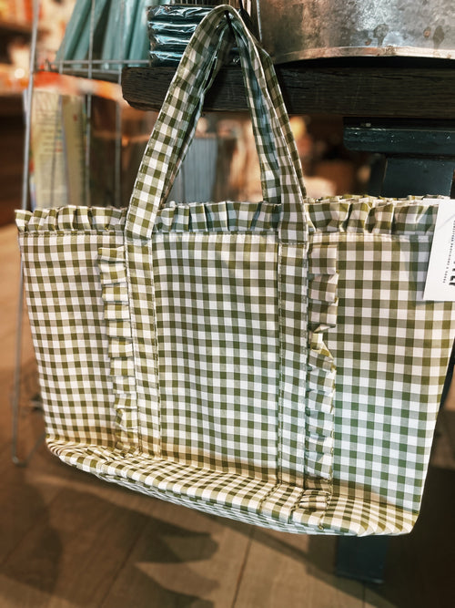 Gingham Ruffle Tote Bag - Green