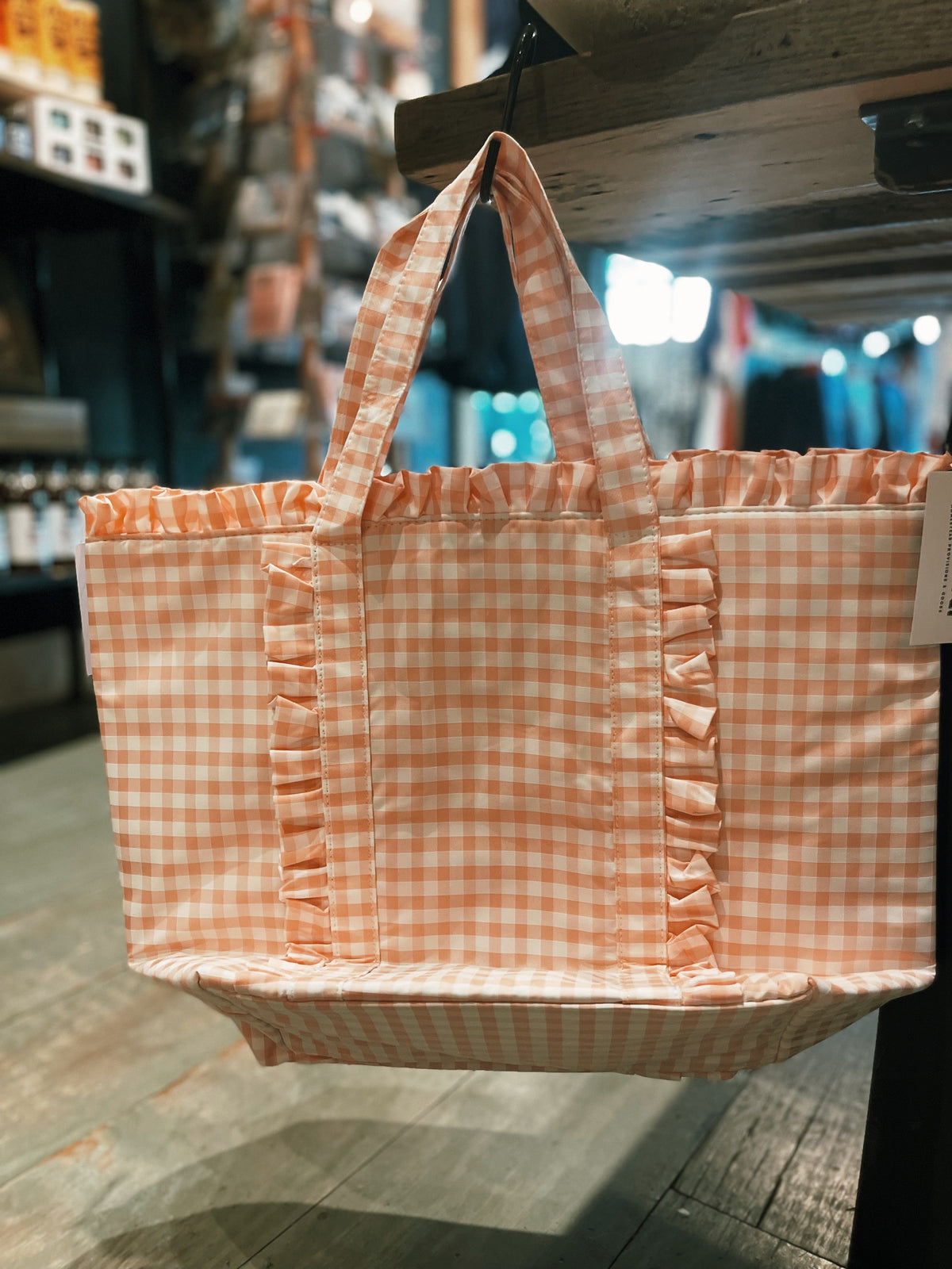 Gingham Ruffle Tote Bag - Peach