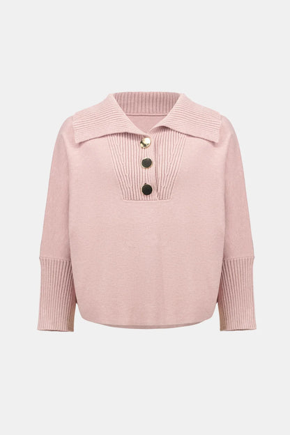Button Shawl-Neck Knit Pullover