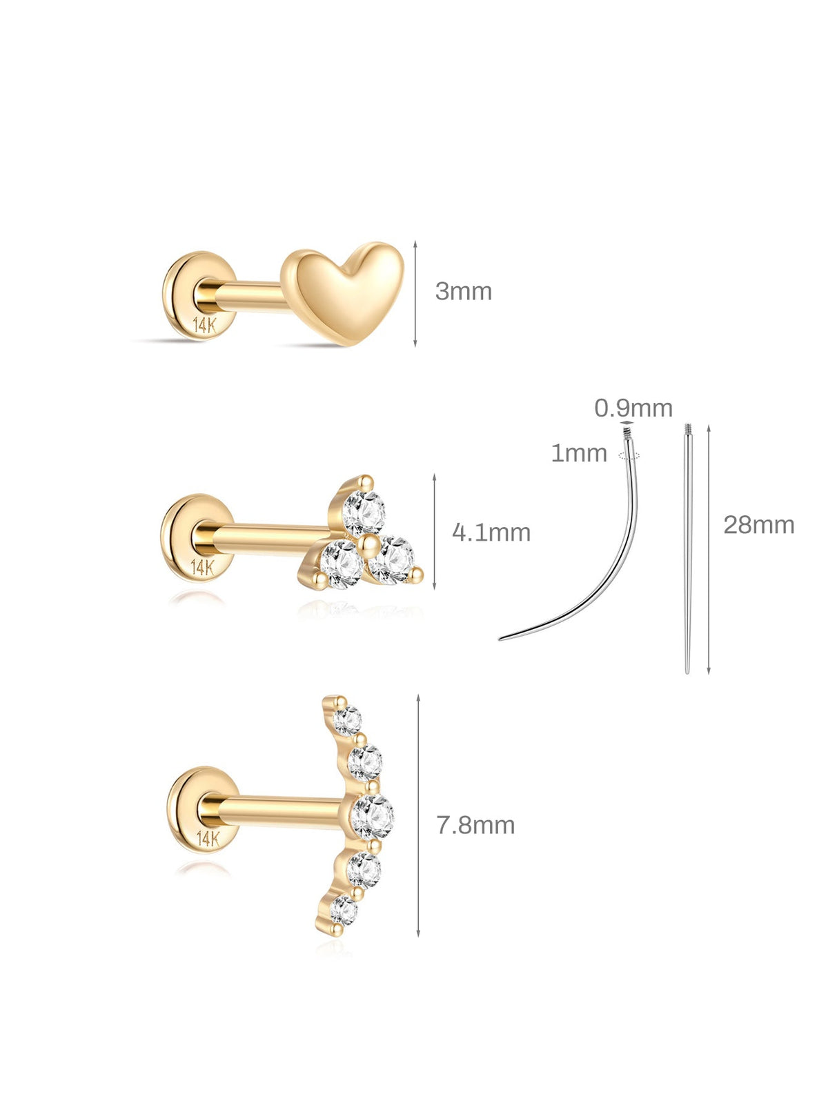 KOSINER 14K Solid Gold Minimalist Versatile Stud Set