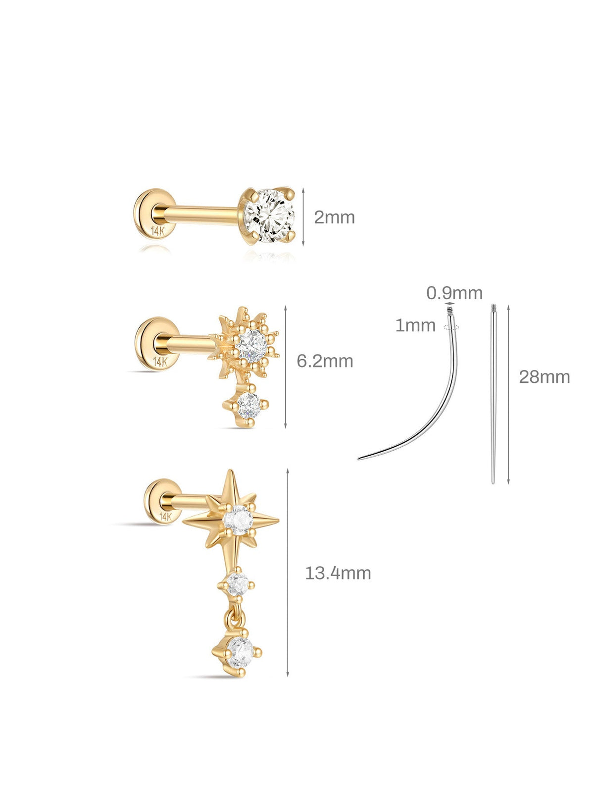 KOSINER 14K Solid Gold Delicate Star Drop Set