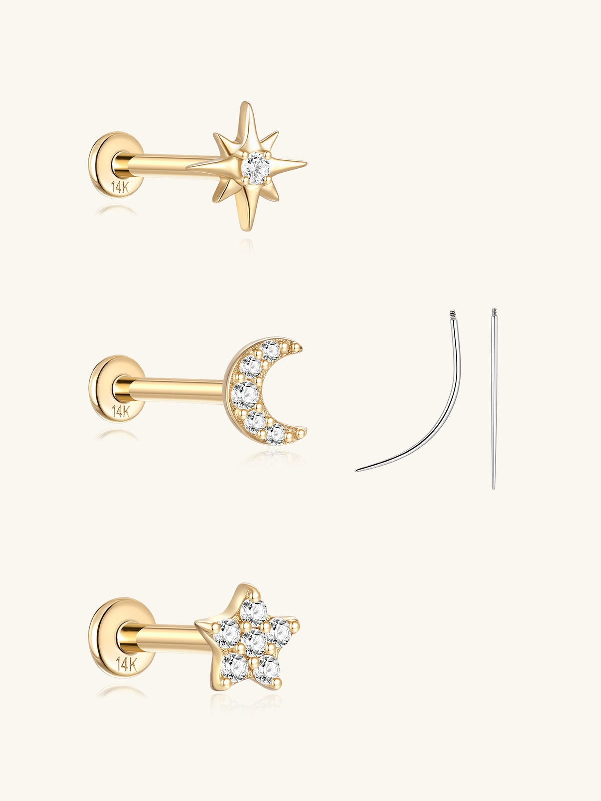 KOSINER 14K Solid Gold Delicate Cosmic Stud Set