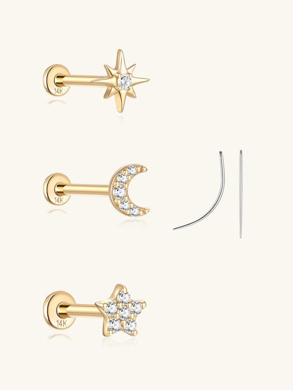 KOSINER 14K Solid Gold Delicate Cosmic Stud Set