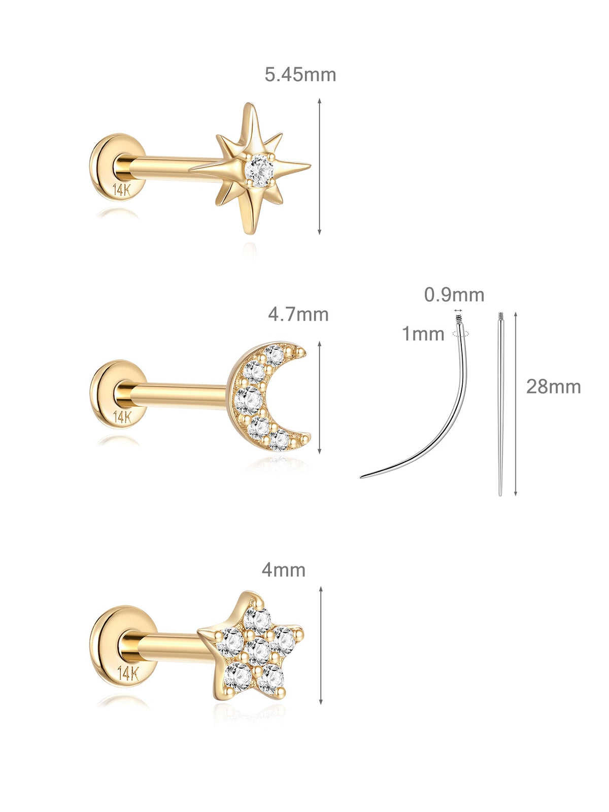 KOSINER 14K Solid Gold Delicate Cosmic Stud Set
