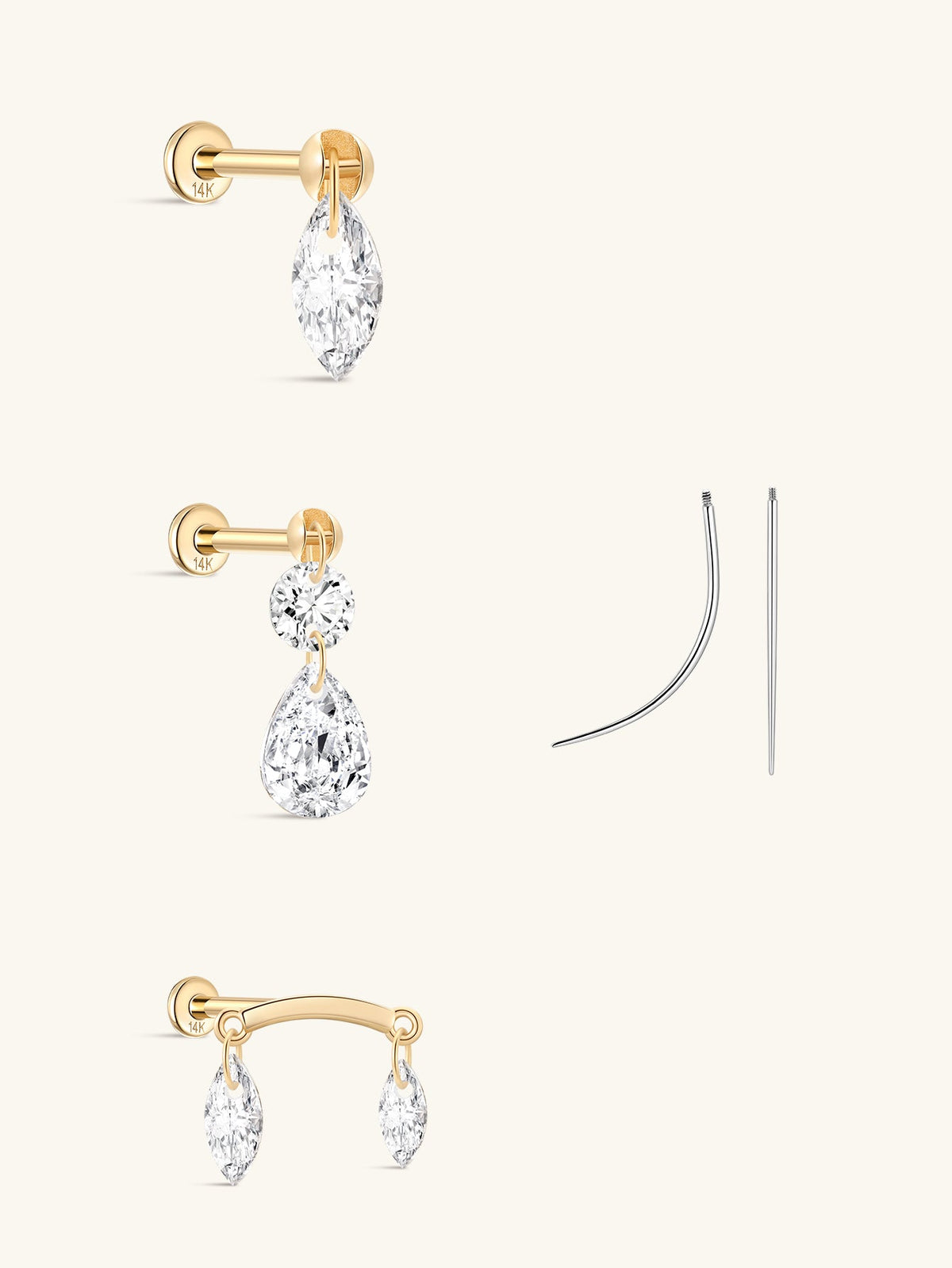 KOSINER 14K Solid Gold Delicate Marquise Drop Stud Set