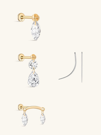 KOSINER 14K Solid Gold Delicate Marquise Drop Stud Set