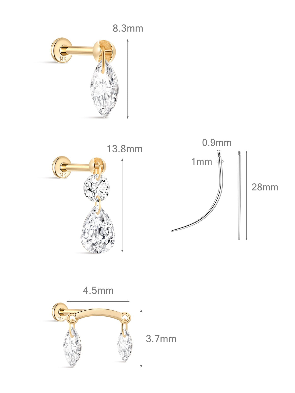 KOSINER 14K Solid Gold Delicate Marquise Drop Stud Set