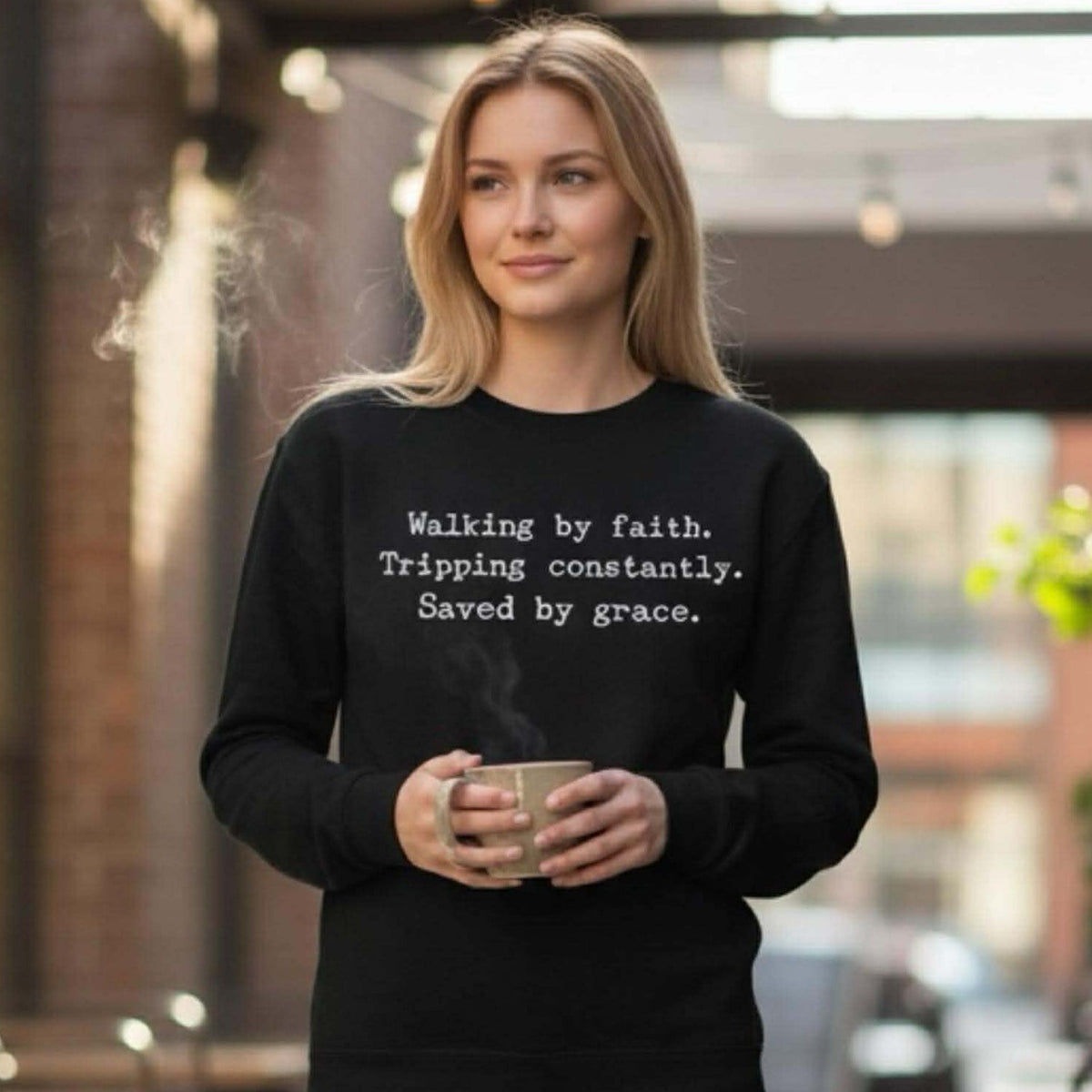 Walking By Faith Typewriter Text Crewneck Fleece