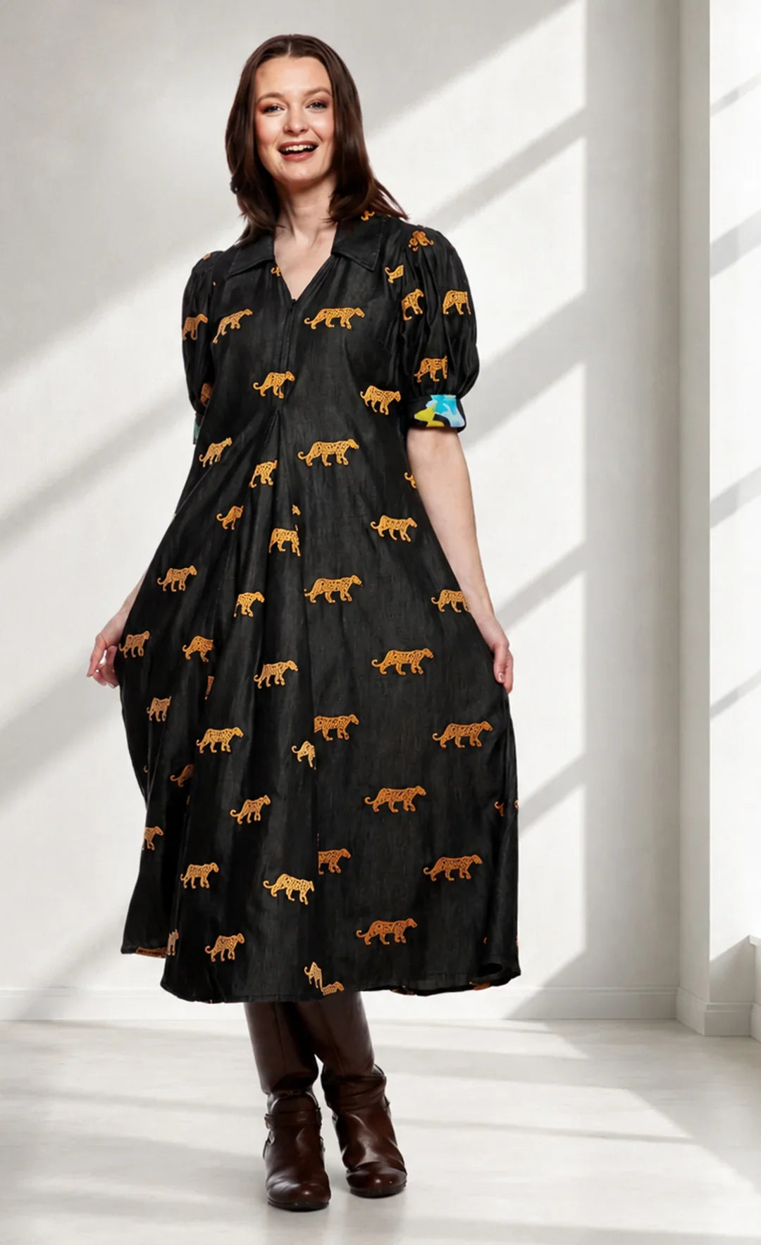 Montauk Dress - Black with embroidered Cheetahs
