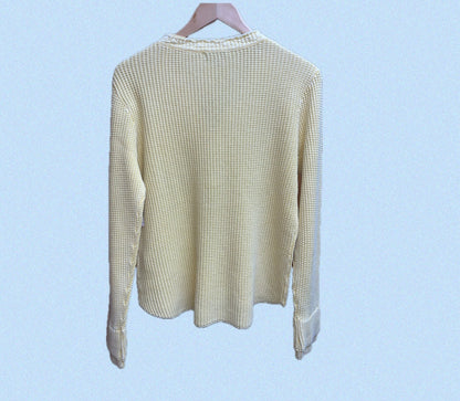 Waffle Button V Neck Top-Mimosa Yellow
