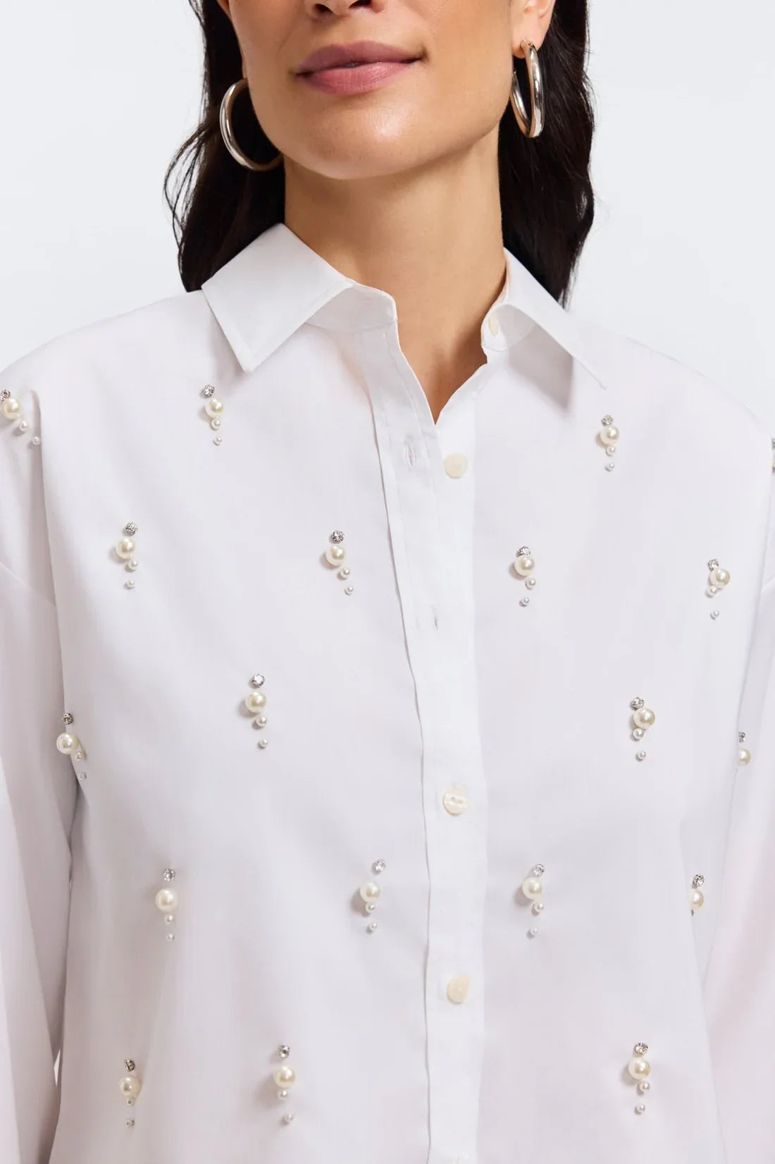 Marina Pearl & Rhinestone Appliqué Long Sleeve Short Shirt-White