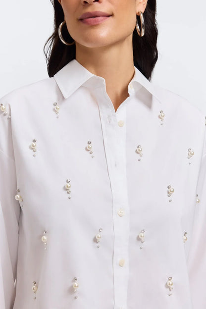Marina Pearl & Rhinestone Appliqué Long Sleeve Short Shirt-White