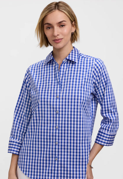 Margie Stretch Matte Sateen 3/4 Sleeve Shirt - Deep sea/ white Gingham