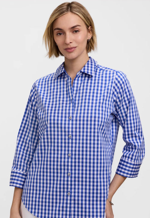 Margie Stretch Matte Sateen 3/4 Sleeve Shirt - Deep sea/ white Gingham