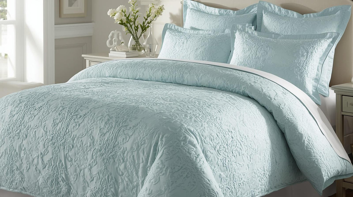 Full Queen Comforter Set - 3-Piece Jacquard in Light Aqua with 2 Pillow Shams - 100% Cotton