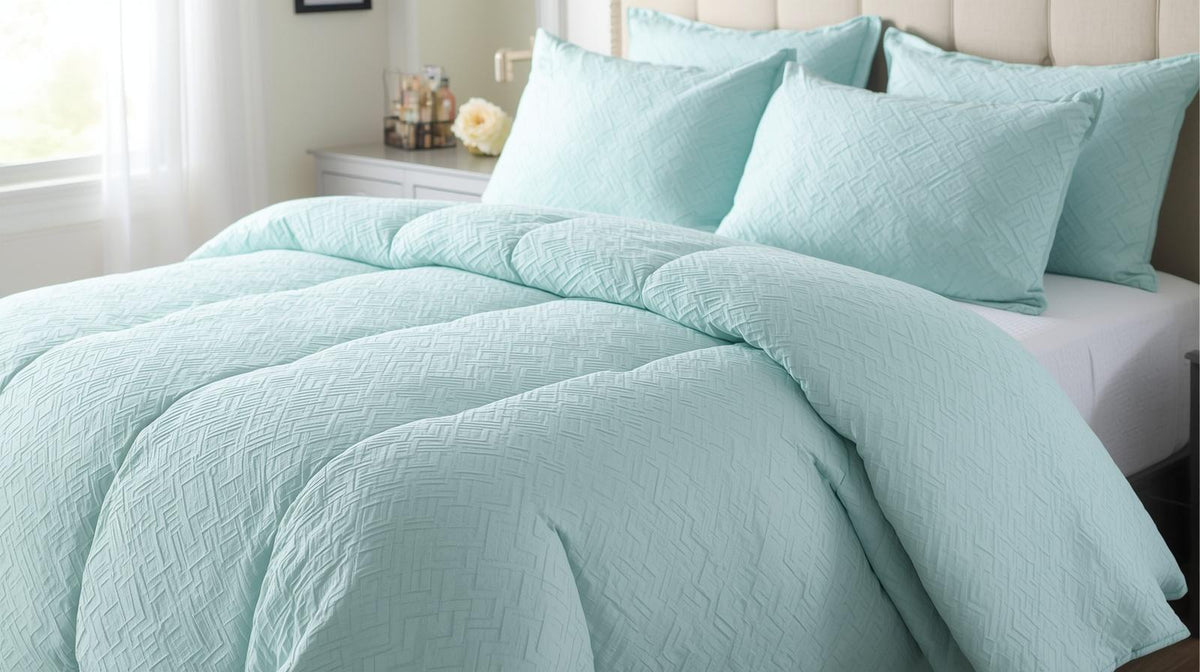 Full Queen Comforter Set - 3-Piece Jacquard in Light Aqua with 2 Pillow Shams - 100% Cotton