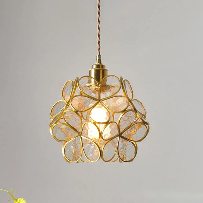Flower-Shaped Pendant Light - 22Cm Blue Pink Glass with Vintage Brass Finish for Elegant Decor