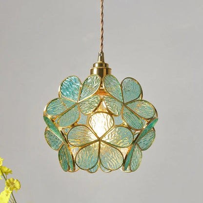 Flower-Shaped Pendant Light - 22Cm Blue Pink Glass with Vintage Brass Finish for Elegant Decor