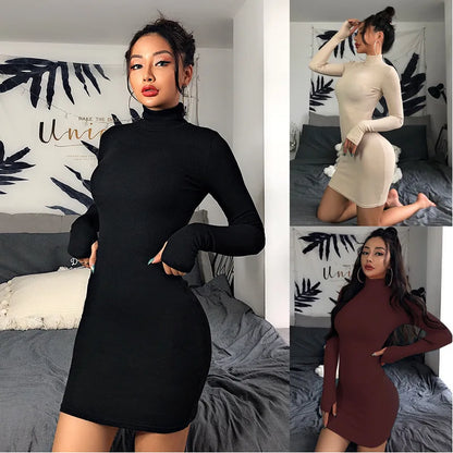 Spring Autumn Girls Long Sleeve Bodycon Dress for Women Turtleneck Casual Wrap Dresses