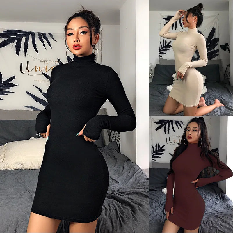 Spring Autumn Girls Long Sleeve Bodycon Dress for Women Turtleneck Casual Wrap Dresses
