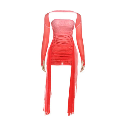 Shawl Women Ruched Side Ribbon Coquette Skinny Midnight Clubwear Party Bodycon Summer Vacation Sexy See Through Dress
