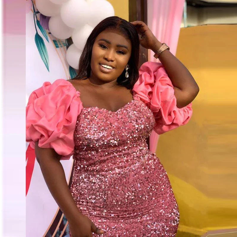 Sequined Shiny Aso Ebi Mermaid Prom Dressess High Side Split Plus Size Evening Dress Formal Party Gowns With Puffy Short Sleeves
