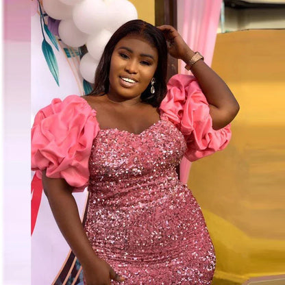 Sequined Shiny Aso Ebi Mermaid Prom Dressess High Side Split Plus Size Evening Dress Formal Party Gowns With Puffy Short Sleeves