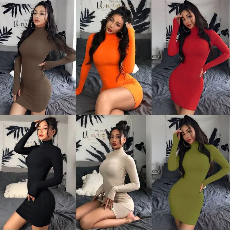 Spring Autumn Girls Long Sleeve Bodycon Dress for Women Turtleneck Casual Wrap Dresses